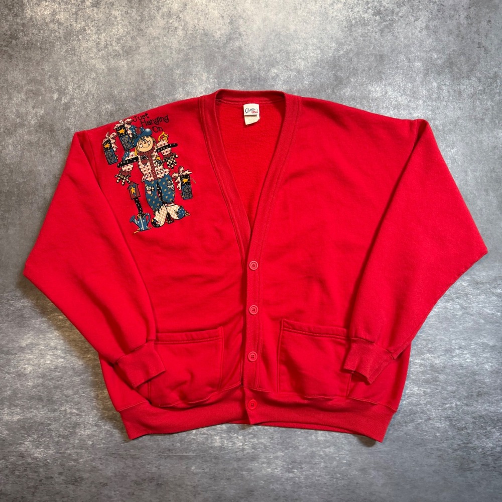 Vintage Quitman USA Cardigan Sweatshirt Womens Plus Red Scarecrow Fall Teacher